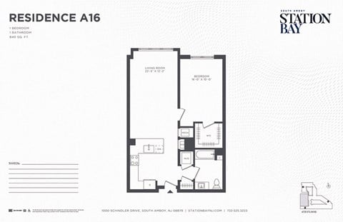 Floor plan for 1 bed, 1 bath, 840 sqft