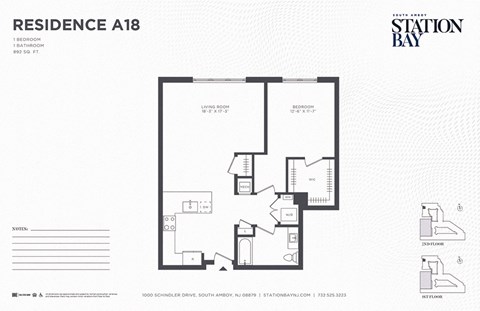 Floor plan for 1 bed, 1 bath, 892 sqft