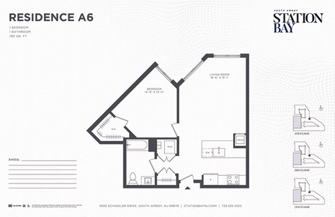 Floor plan for 1 bed, 1 bath, 782 sqft