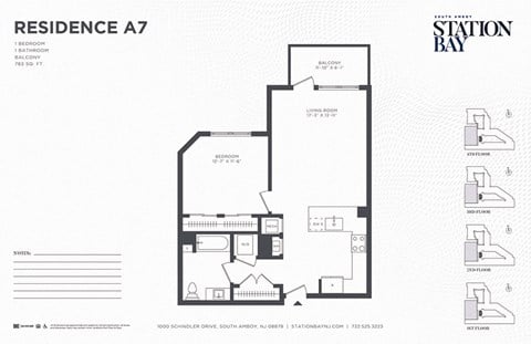 Floor plan for 1 bed, 1 bath, 783 sqft