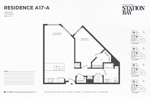 Floor plan for 1 bed, 1 bath, 896 sqft