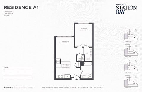 Floor plan for 1 bed, 1 bath, 623 sqft