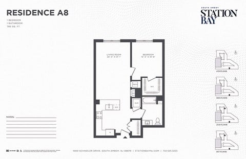 Floor plan for 1 bed, 1 bath, 785 sqft