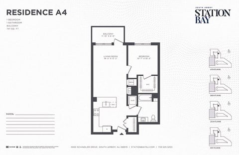 Floor plan for 1 bed, 1 bath, 741 sqft