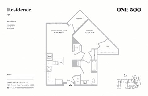 Floor plan for 1 bed, 1 bath, 751 sqft