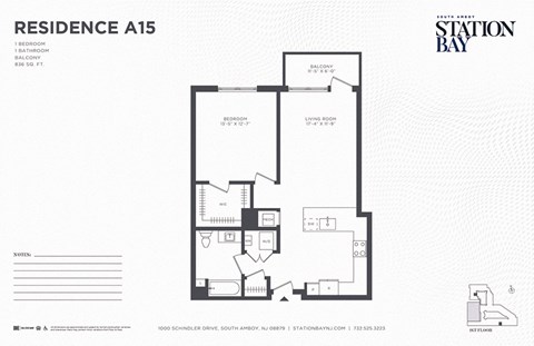 Floor plan for 1 bed, 1 bath, 836 sqft