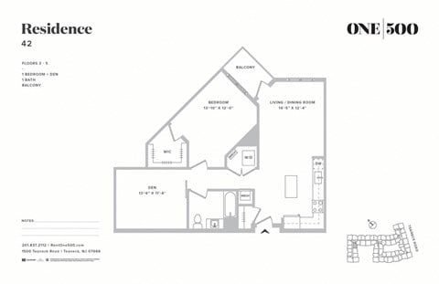 Floor plan for 1 bed, 1 bath, 975 sqft