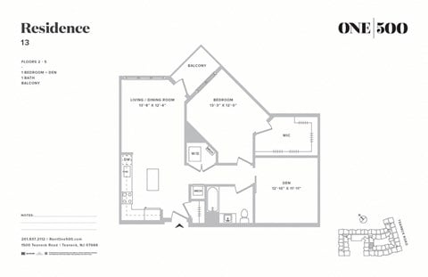 Floor plan for 1 bed, 1 bath, 1005 sqft
