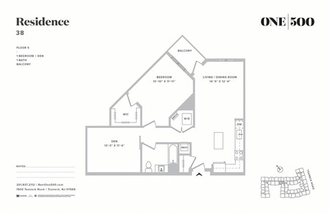 Floor plan for 1 bed, 1 bath, 978 sqft