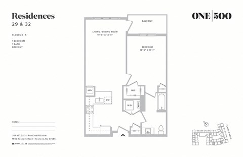 Floor plan for 1 bed, 1 bath, 792 sqft