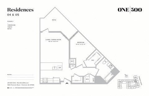 Floor plan for 1 bed, 1 bath, 763 sqft
