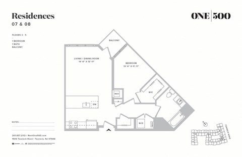 Floor plan for 1 bed, 1 bath, 763 sqft