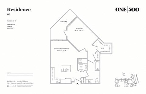 Floor plan for 1 bed, 1 bath, 830 sqft