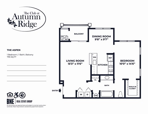 Floor plan for 1 bed, 1 bath, 795 sqft