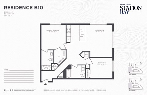 Floor plan for 2 beds, 2 baths, 1156 sqft
