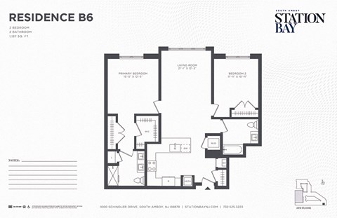 Floor plan for 2 beds, 2 baths, 1137 sqft
