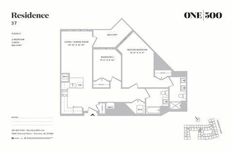 Floor plan for 2 beds, 2 baths, 1049 sqft