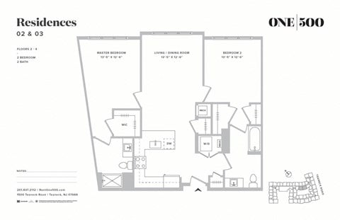 Floor plan for 2 beds, 2 baths, 1046 sqft