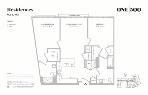 Floor plan for 2 beds, 2 baths, 1033 sqft
