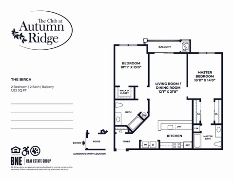 Floor plan for 2 beds, 2 baths, 1122 sqft