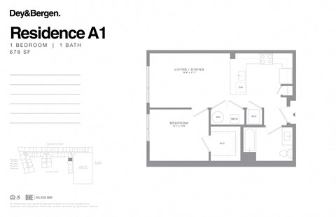 Floor plan for 1 bed, 1 bath, 678 sqft