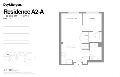 Floor plan for 1 bed, 1 bath, 696 sqft