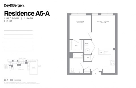 Floor plan for 1 bed, 1 bath, 710 sqft