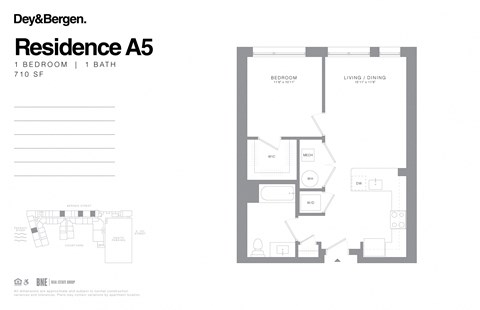 Floor plan for 1 bed, 1 bath, 710 sqft