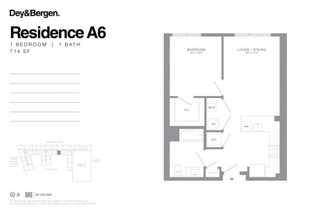 Floor plan for 1 bed, 1 bath, 714 sqft