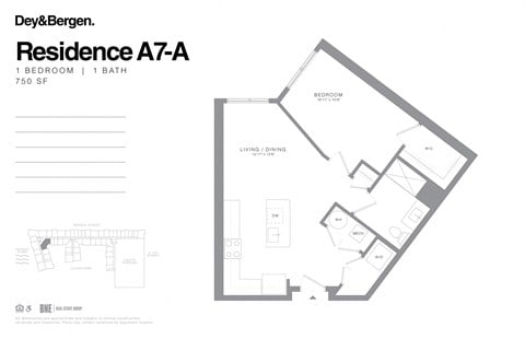 Floor plan for 1 bed, 1 bath, 750 sqft