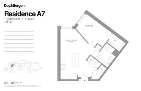 Floor plan for 1 bed, 1 bath, 740 sqft