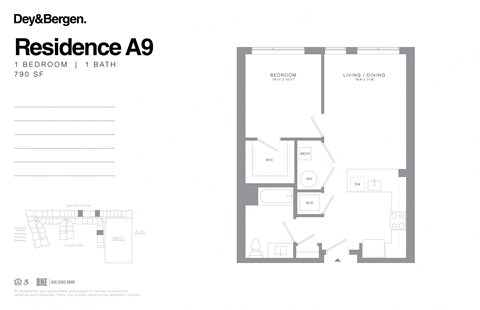 Floor plan for 1 bed, 1 bath, 790 sqft