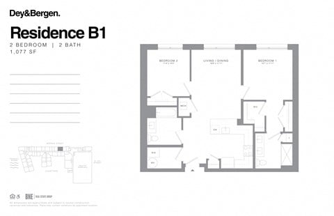 Floor plan for 2 beds, 2 baths, 1077 sqft