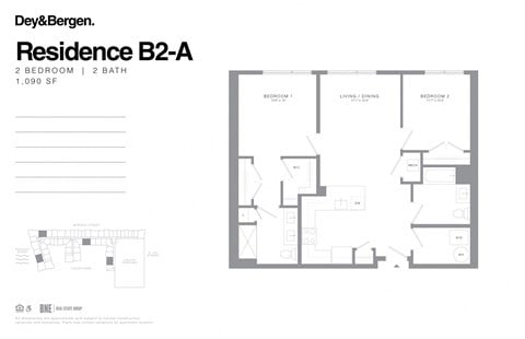 Floor plan for 2 beds, 2 baths, 1090 sqft