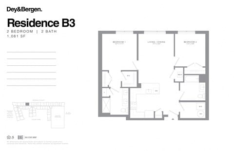 Floor plan for 2 beds, 2 baths, 1081 sqft