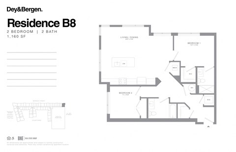 Floor plan for 2 beds, 2 baths, 1160 sqft
