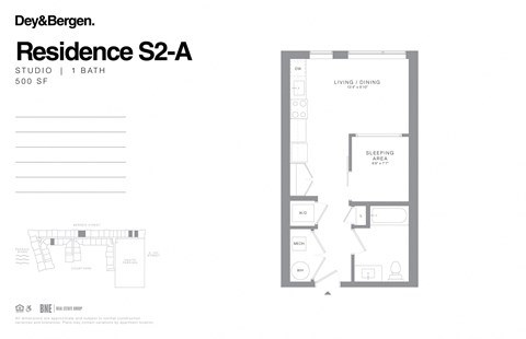 Floor plan for studio, 1 bath, 500 sqft