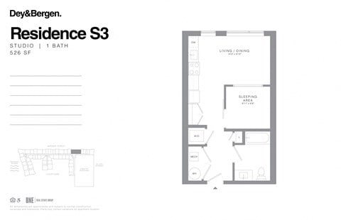 Floor plan for studio, 1 bath, 526 sqft