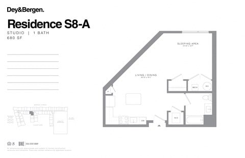 Floor plan for studio, 1 bath, 680 sqft