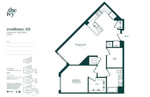 Floor plan for 1 bed, 1 bath, 935 sqft