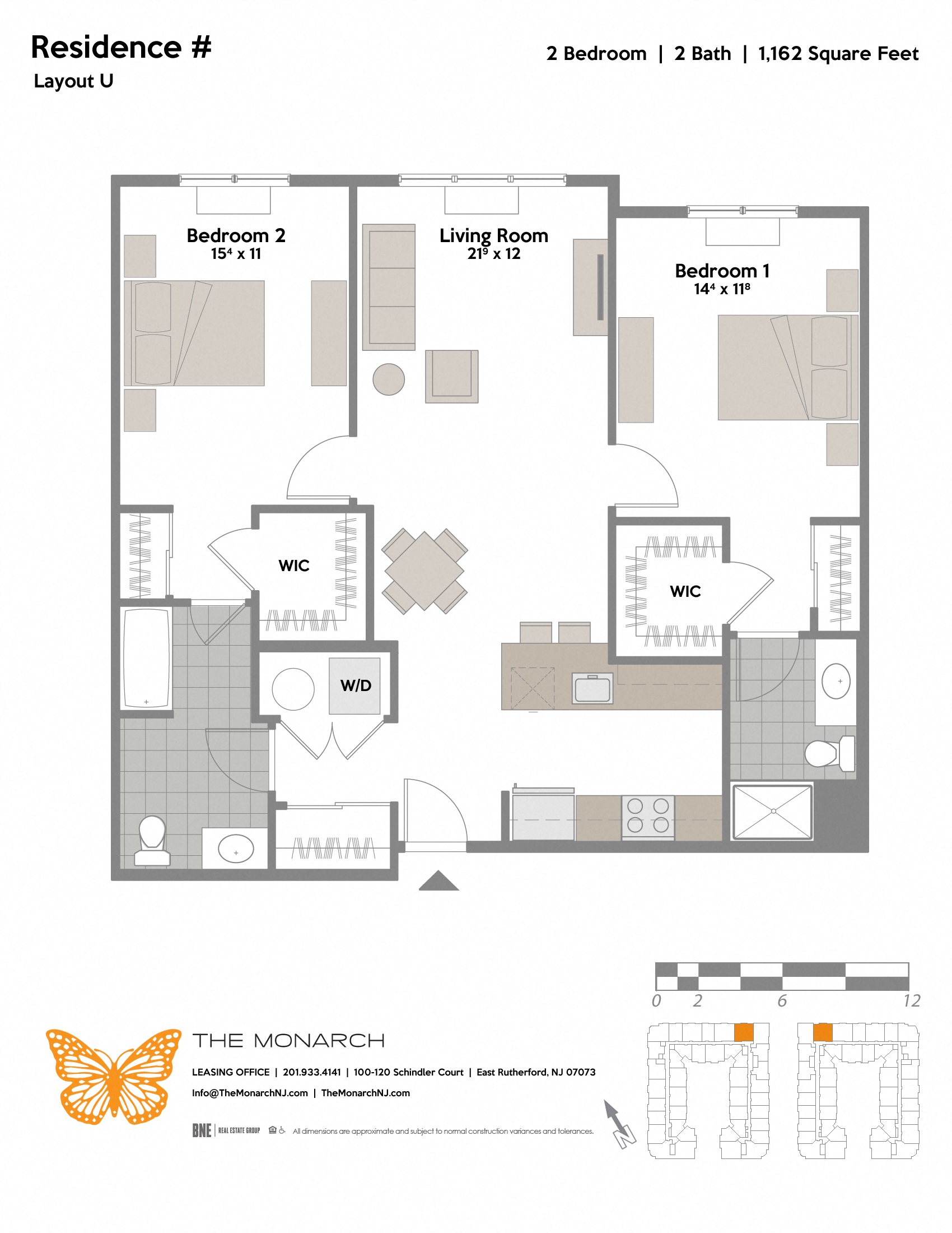 Floor plan for 2 beds, 2 baths, 1162 sqft