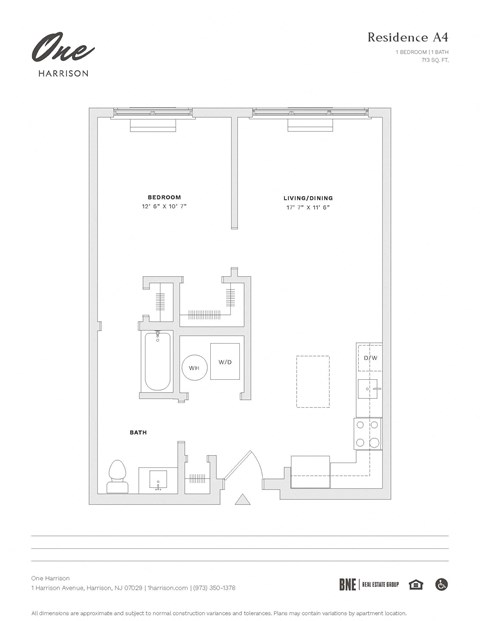 Floor plan for 1 bed, 1 bath, 713 sqft