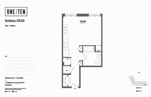 Floor plan for studio, 1 bath, 498 sqft