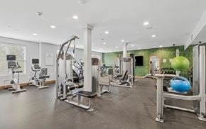 Bloomfield apartment for rent - A gym with a variety of equipment including a leg press machine, a chest press machine, a leg curl machine, a leg extension machine, a seated calf raise machine, a leg raise machine, a chest press machine, a