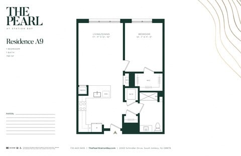 Floor plan for 1 bed, 1 bath, 793 sqft