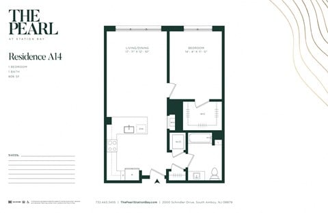 Floor plan for 1 bed, 1 bath, 806 sqft