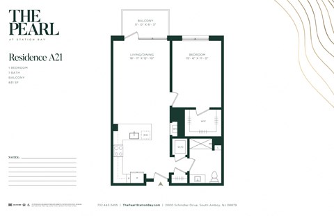 Floor plan for 1 bed, 1 bath, 831 sqft