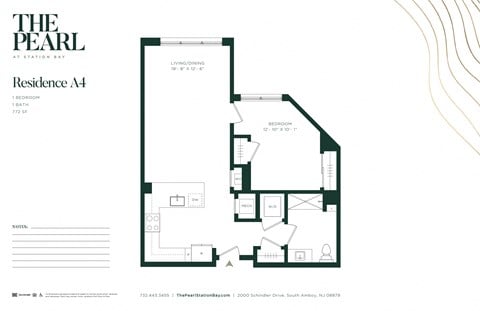 Floor plan for 1 bed, 1 bath, 772 sqft