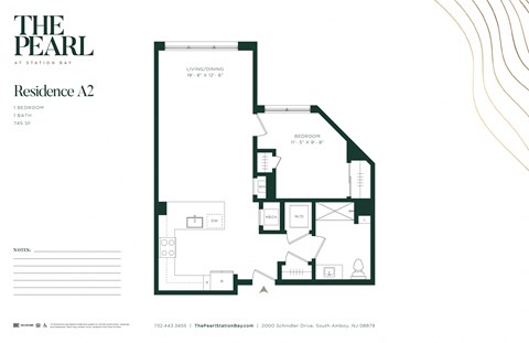 Floor plan for 1 bed, 1 bath, 745 sqft