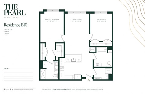 Floor plan for 2 beds, 2 baths, 1135 sqft